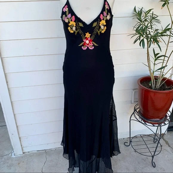 Vintage Betsey Johnson 90s 2000 100% silk Maxi midi dress embroidered low back - Picture 6 of 13